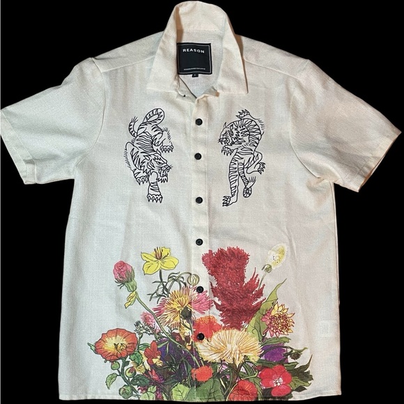 Reason Button Men’s Shirt Dragon-Tiger Painted Flower in Bloom - Picture 1 of 8